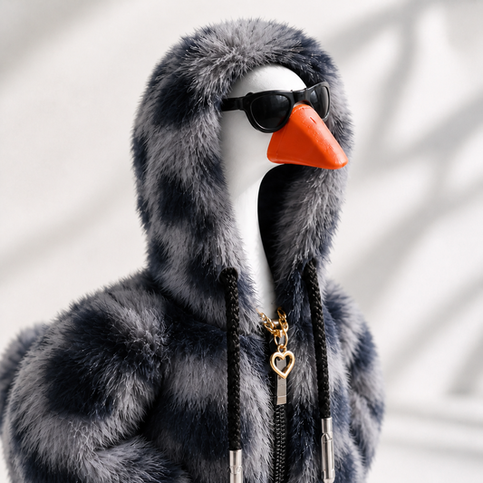 Side view of Little Honk Midnight faux-fur hoodie outfit with black glasses