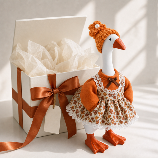 Orange knit flower hat and floral lace dress outfit for desk goose