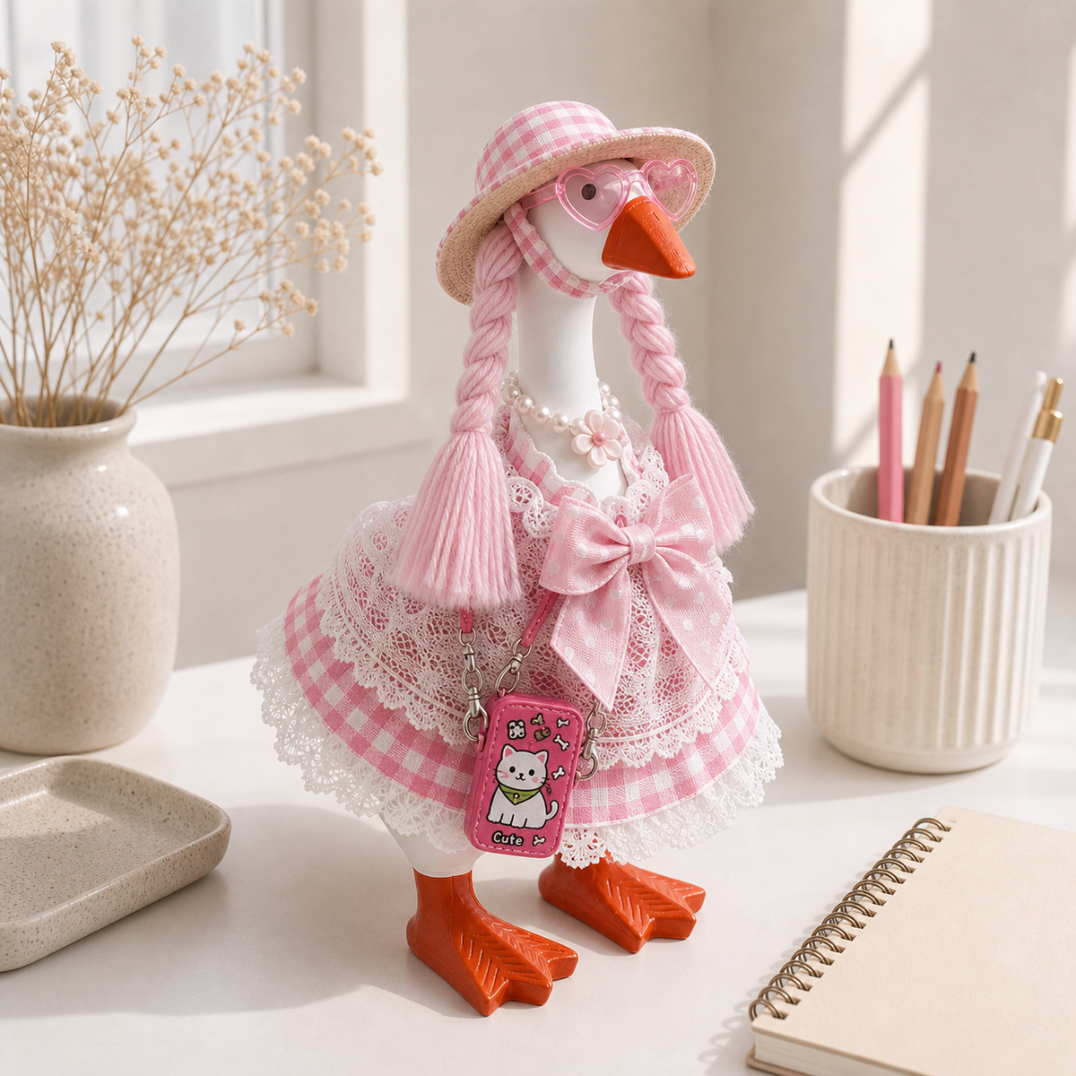 Little Honk pink gingham outfit set styled on a desk