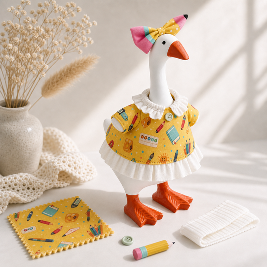 Side view of yellow stationery-print dress for a 7-inch desk goose