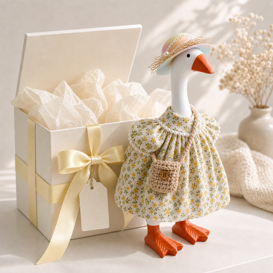 Front view of yellow floral dress outfit with sun hat and crochet bag for a 7-inch desk goose