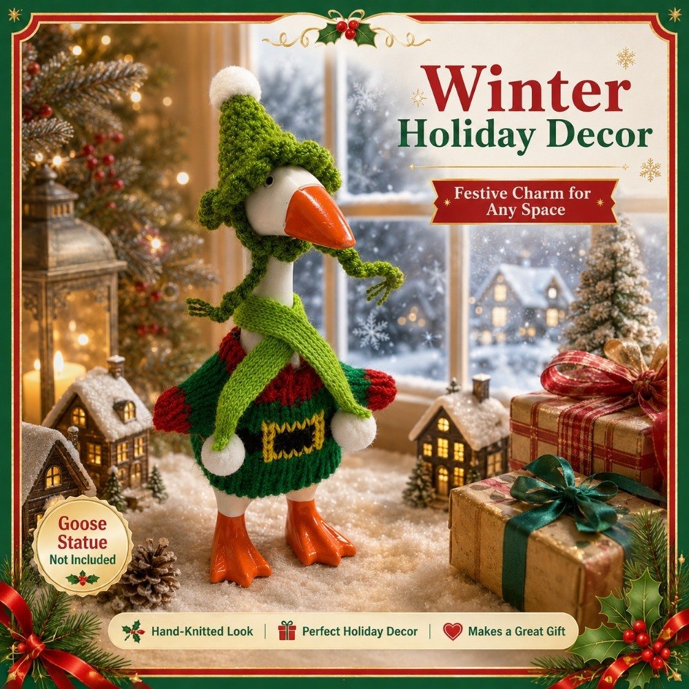 Little Honk desk goose wearing a Christmas elf sweater, hat and scarf