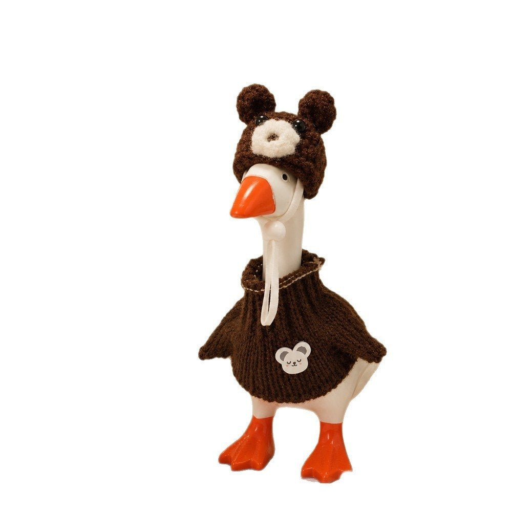 Bear-Ear Knit Hat & Brown Sweater outfit on a 7-inch Little Honk desk goose