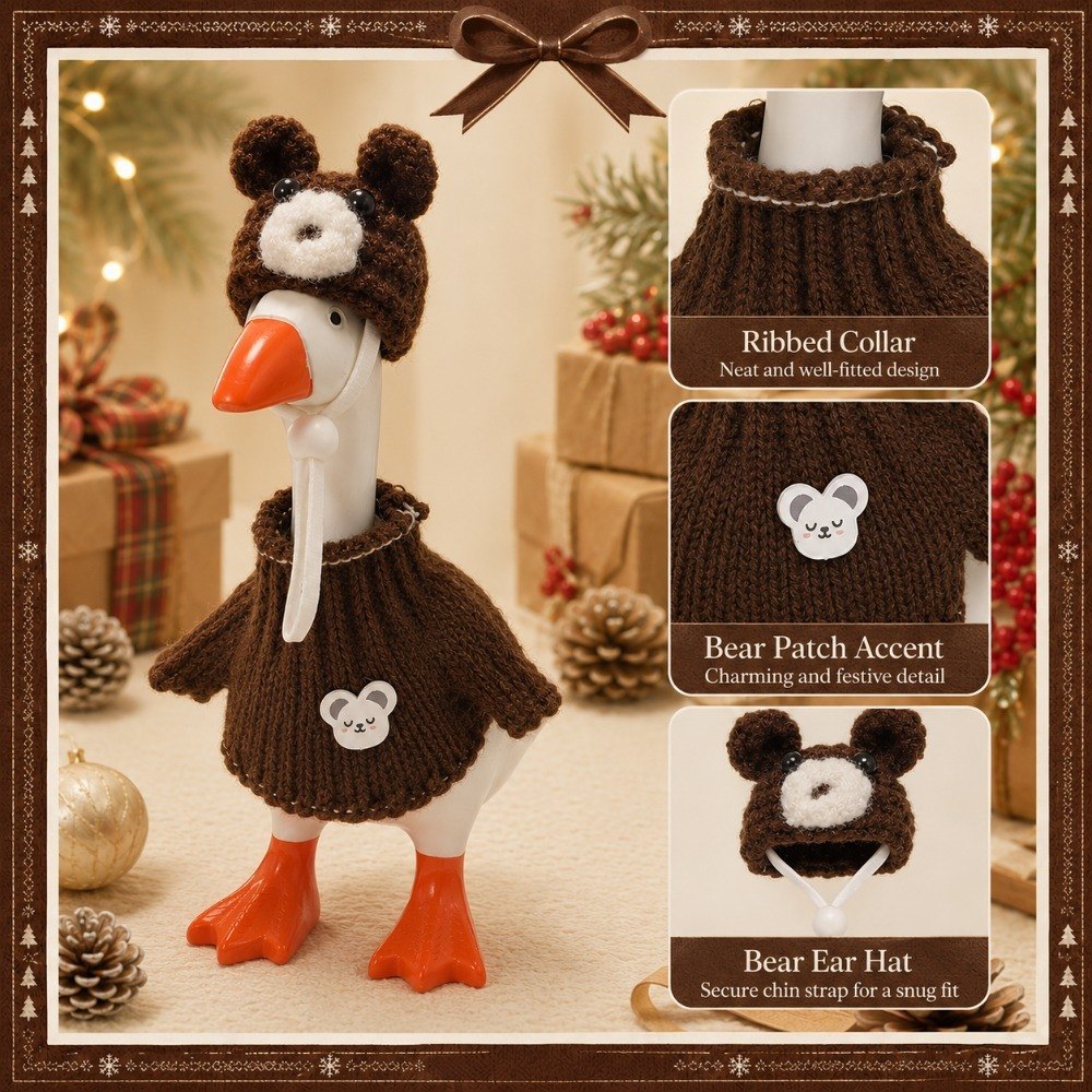 Bear-Ear Knit Hat & Brown Sweater desk goose outfit by Little Honk, photo 2 of 8