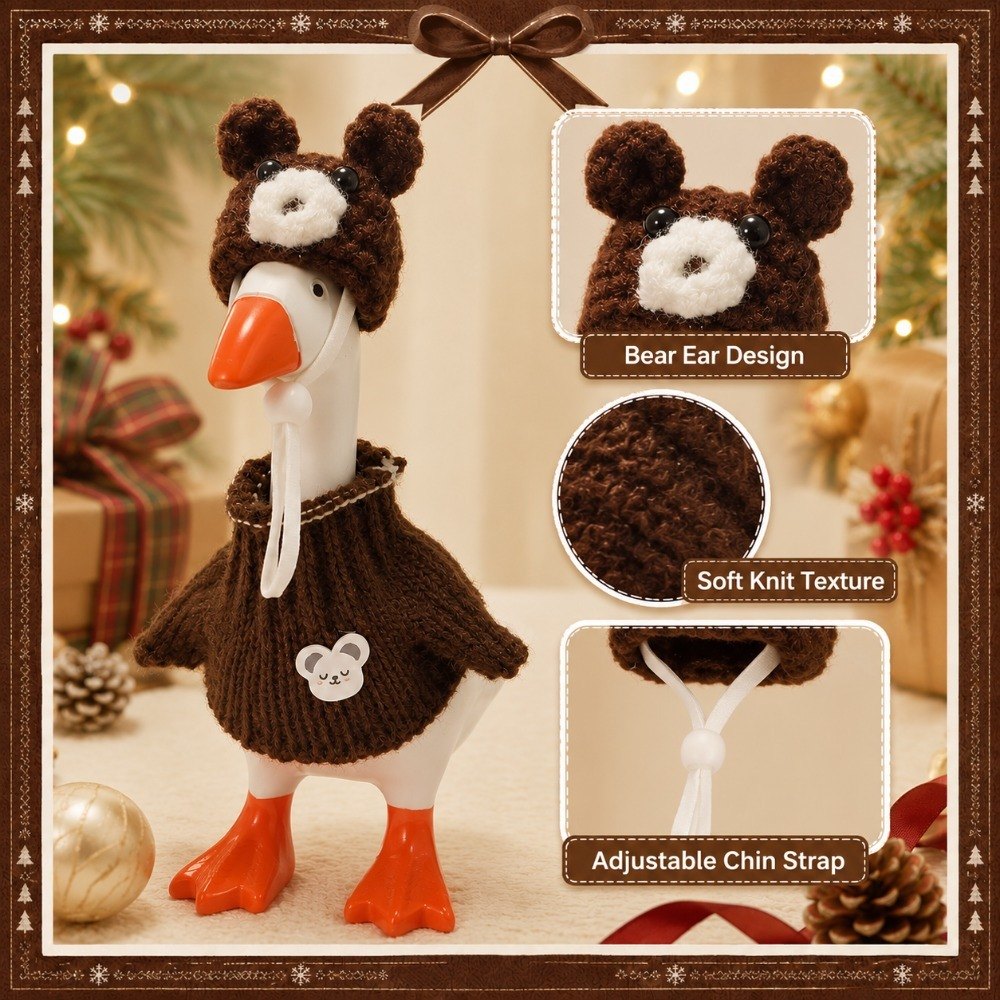 Bear-Ear Knit Hat & Brown Sweater desk goose outfit by Little Honk, photo 4 of 8