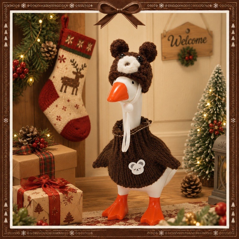 Bear-Ear Knit Hat & Brown Sweater desk goose outfit by Little Honk, photo 8 of 8