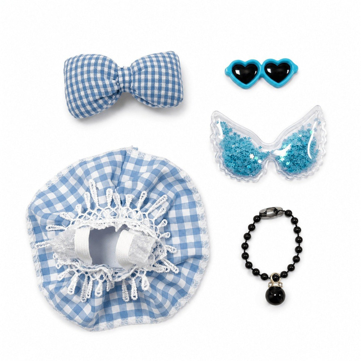 Blue Gingham Dress, Glitter Wings & Heart Sunglasses outfit on a 7-inch Little Honk desk goose