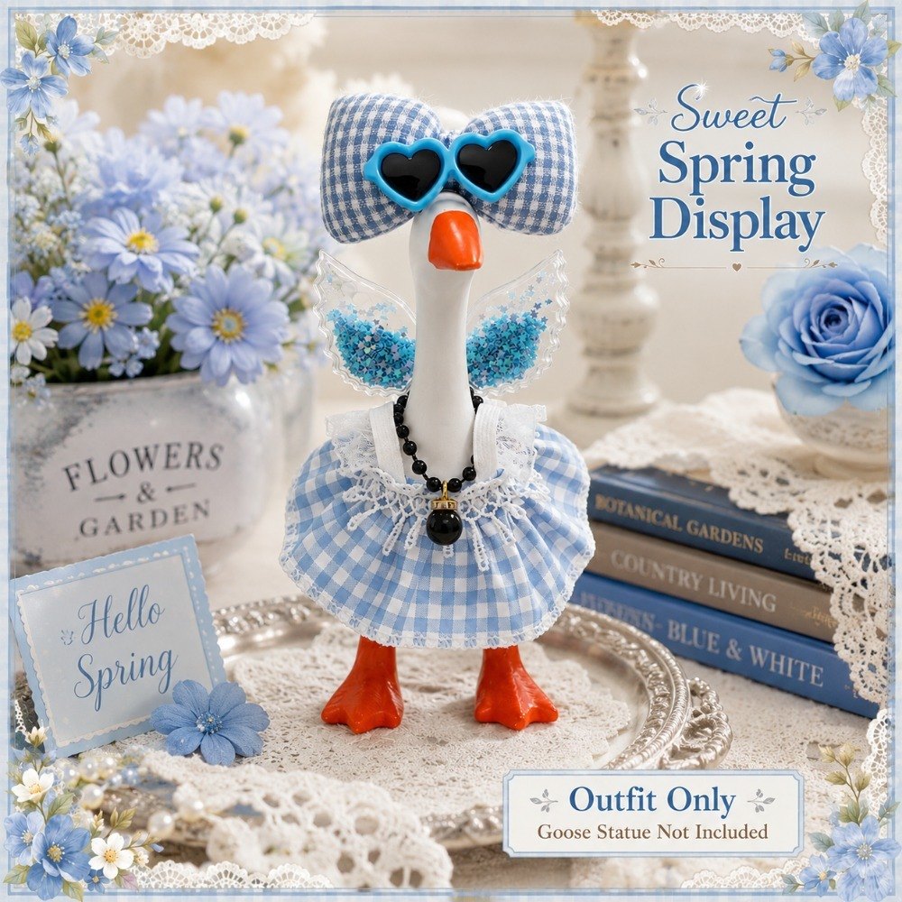 Blue Gingham Dress, Glitter Wings & Heart Sunglasses desk goose outfit by Little Honk, photo 3 of 9