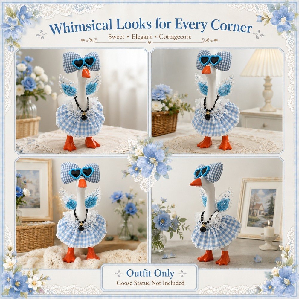 Blue Gingham Dress, Glitter Wings & Heart Sunglasses desk goose outfit by Little Honk, photo 5 of 9