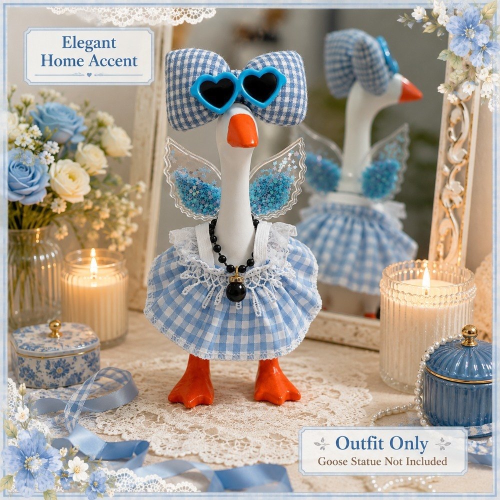 Blue Gingham Dress, Glitter Wings & Heart Sunglasses desk goose outfit by Little Honk, photo 6 of 9