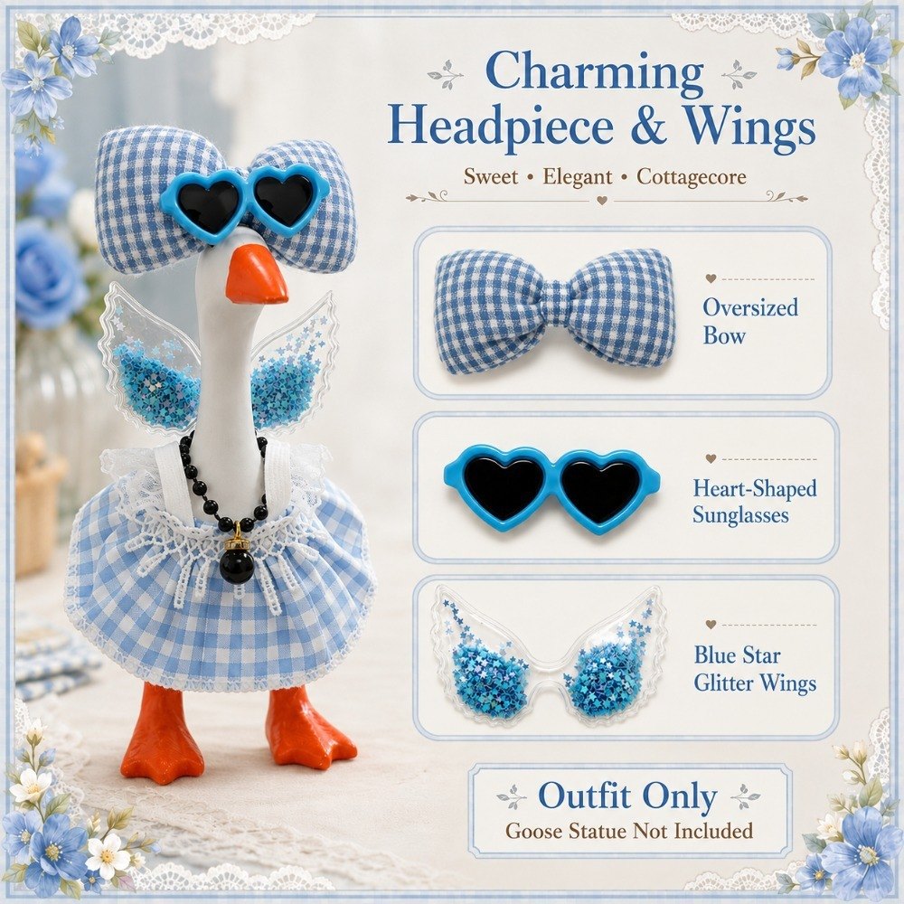 Blue Gingham Dress, Glitter Wings & Heart Sunglasses desk goose outfit by Little Honk, photo 7 of 9