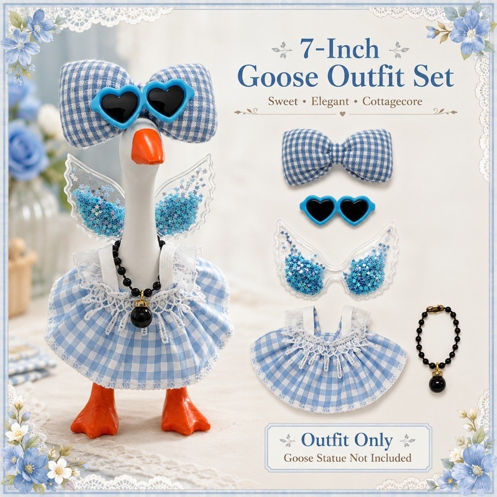 Blue Gingham Dress, Glitter Wings & Heart Sunglasses desk goose outfit by Little Honk, photo 8 of 9