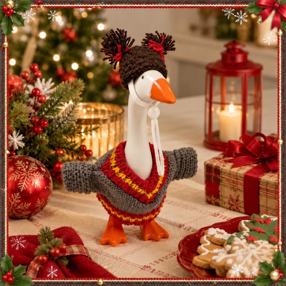 Christmas Knit Sweater & Pom-Pom Beanie desk goose outfit by Little Honk, photo 2 of 9