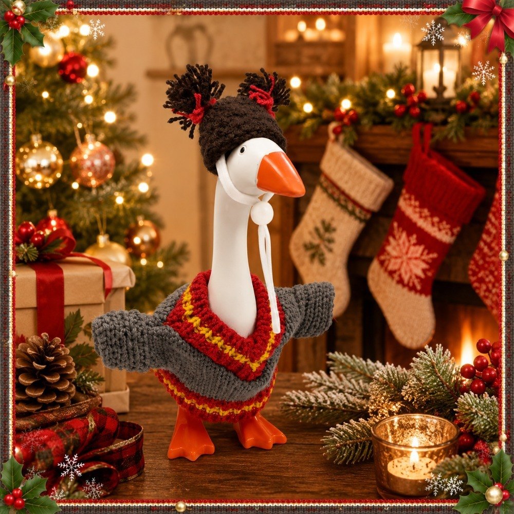 Christmas Knit Sweater & Pom-Pom Beanie desk goose outfit by Little Honk, photo 5 of 9