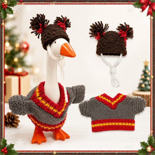 Christmas Knit Sweater & Pom-Pom Beanie desk goose outfit by Little Honk, photo 6 of 9