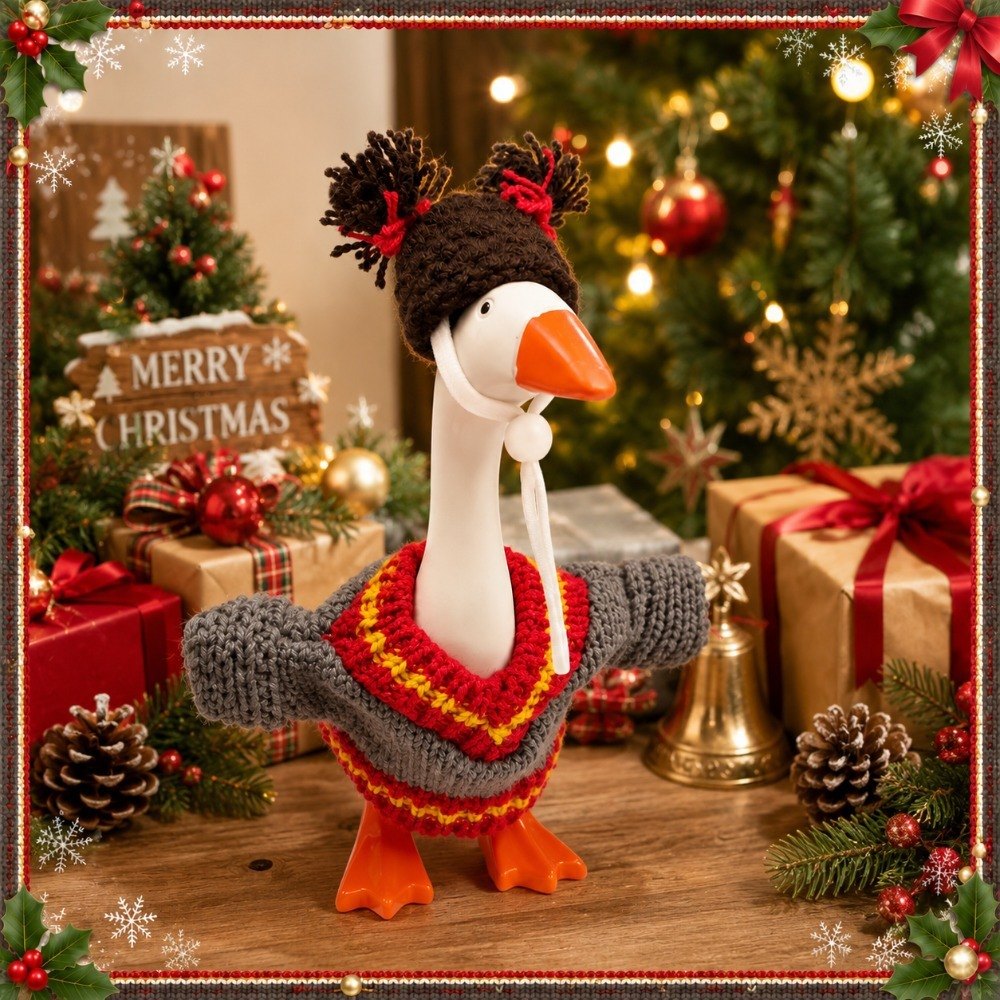 Christmas Knit Sweater & Pom-Pom Beanie desk goose outfit by Little Honk, photo 7 of 9