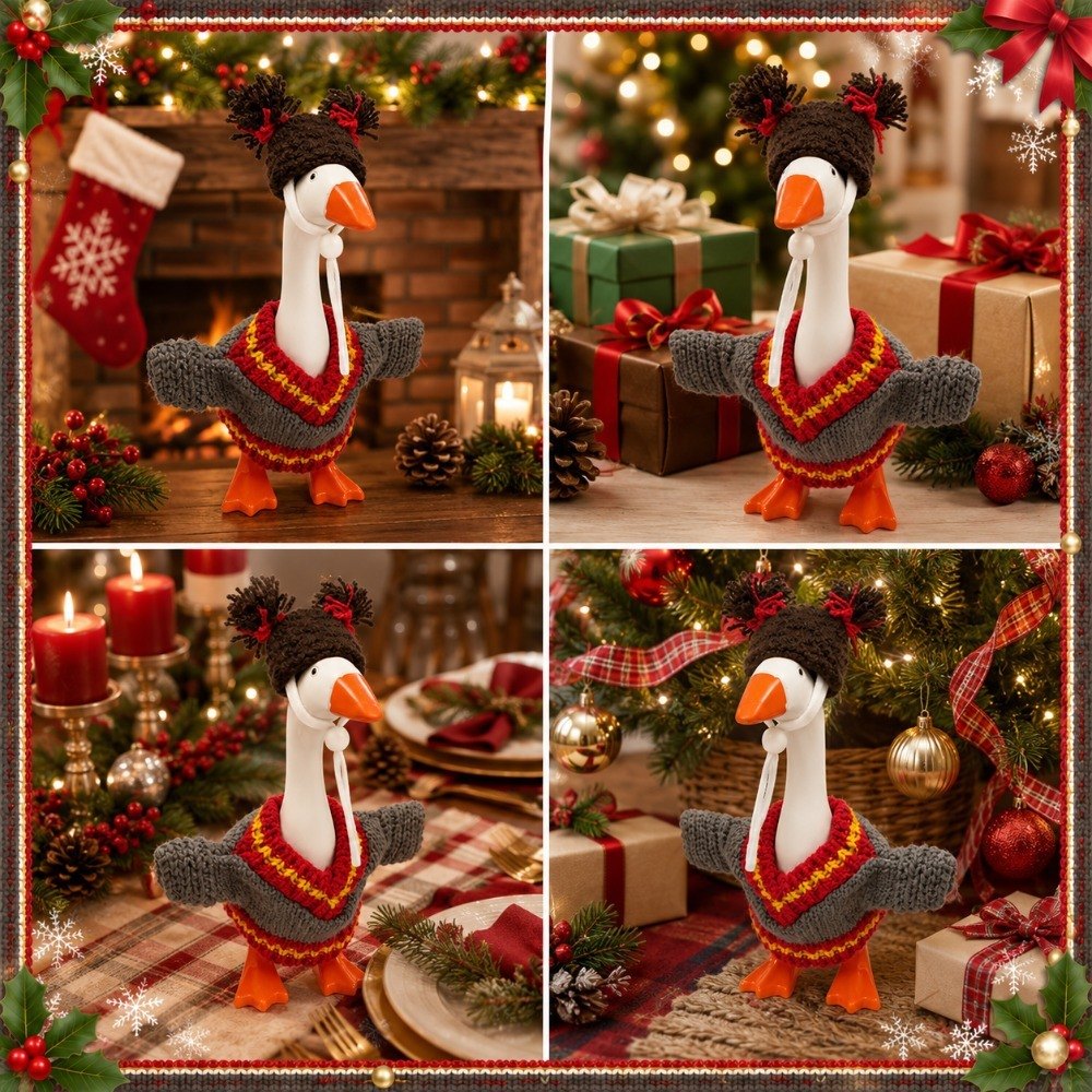 Christmas Knit Sweater & Pom-Pom Beanie desk goose outfit by Little Honk, photo 8 of 9