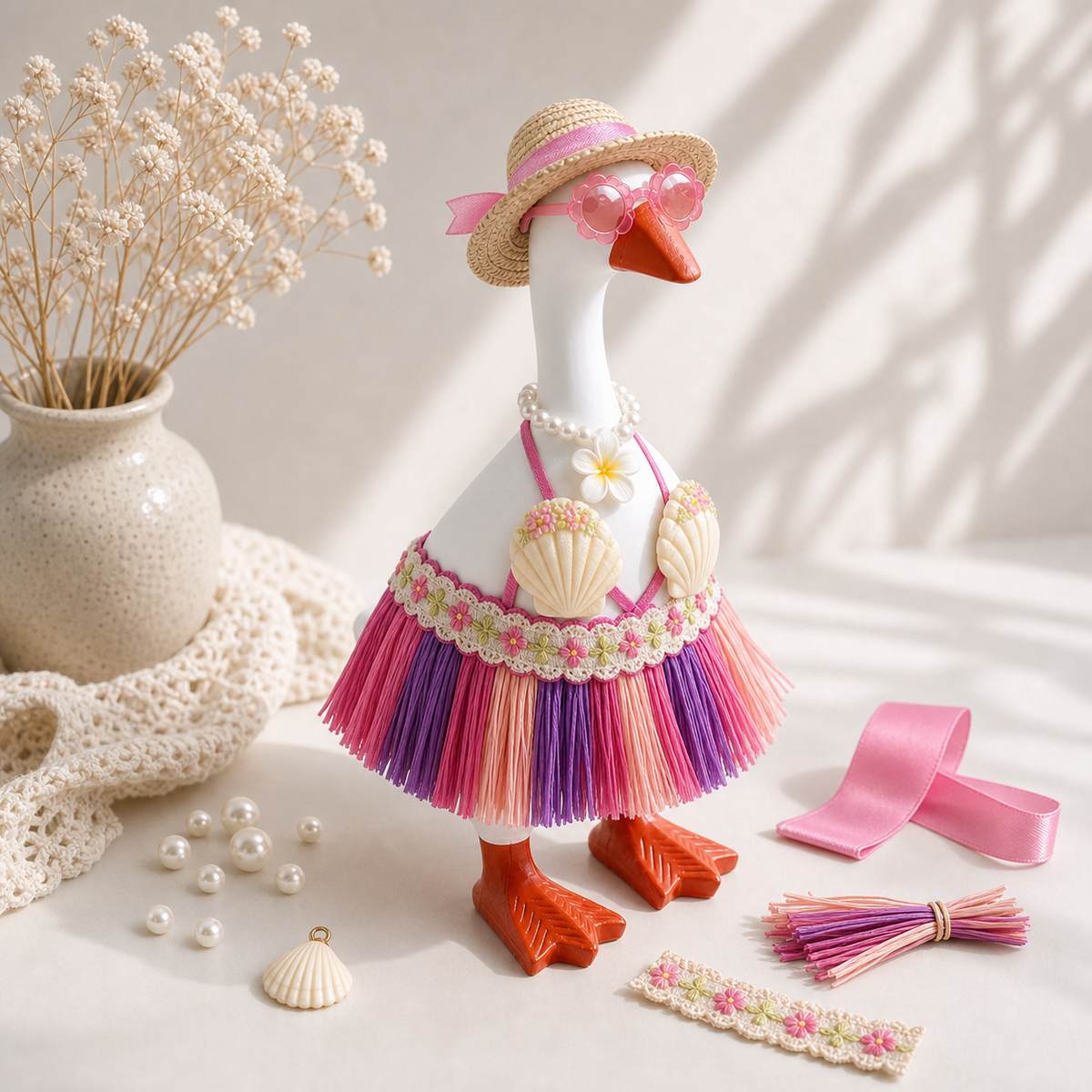 Pink ribbon straw hat and flower sunglasses for Desk Goose outfit