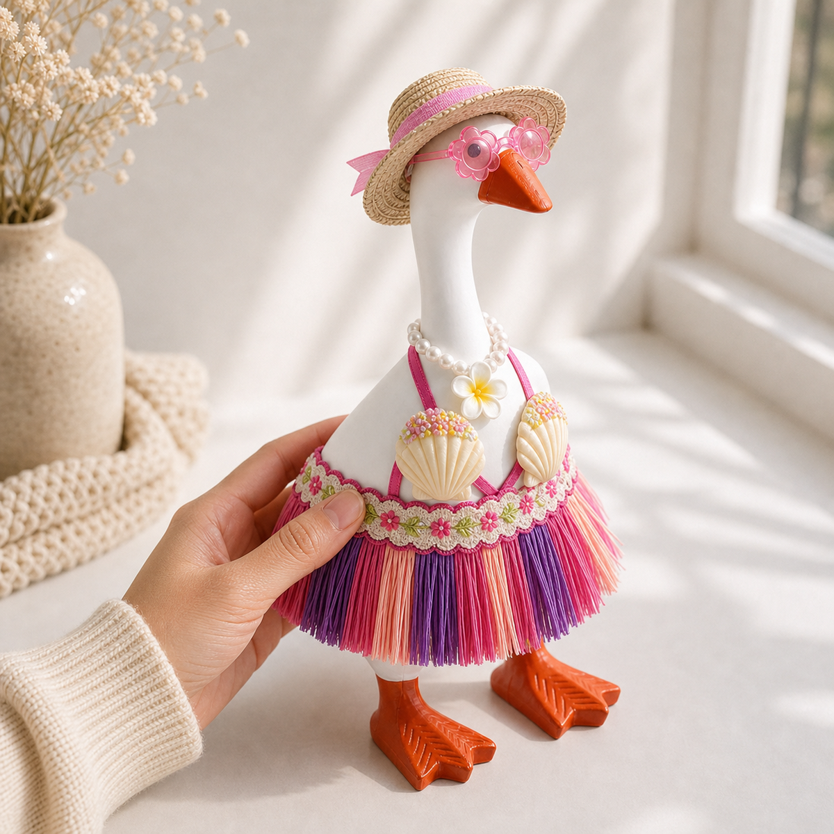 Shell top and colorful fringe grass skirt for 7-inch Desk Goose