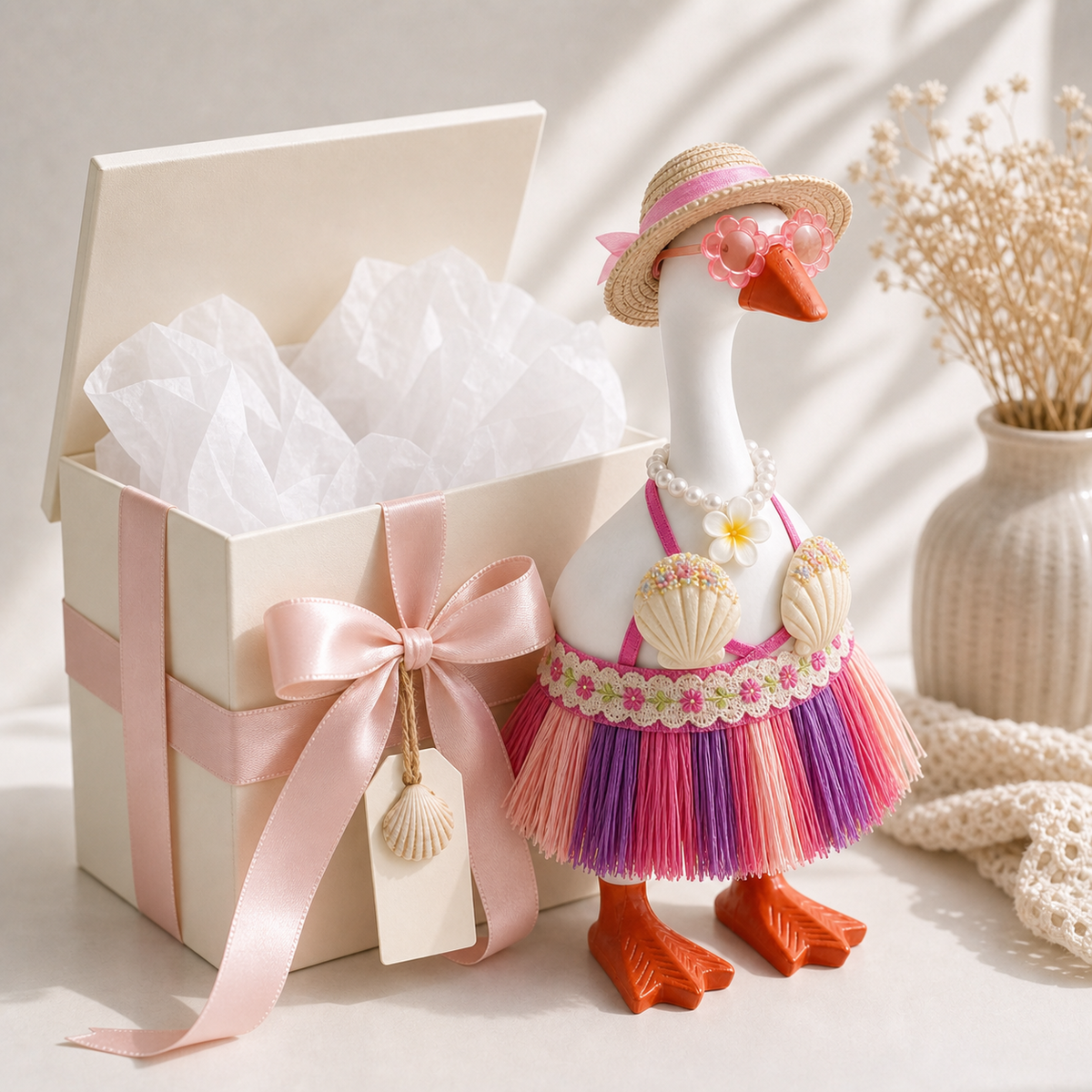 Faux pearl plumeria necklace included in tropical Desk Goose outfit set