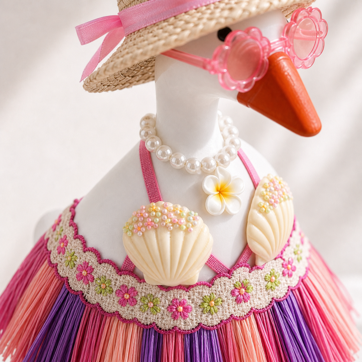 Back view of colorful fringe skirt and pink ribbon straw hat