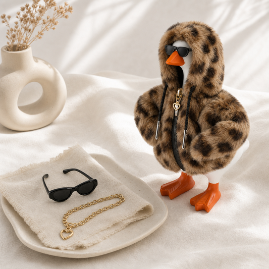 Leopard faux fur hoodie outfit with sunglasses and gold heart chain for 7-inch Desk Goose