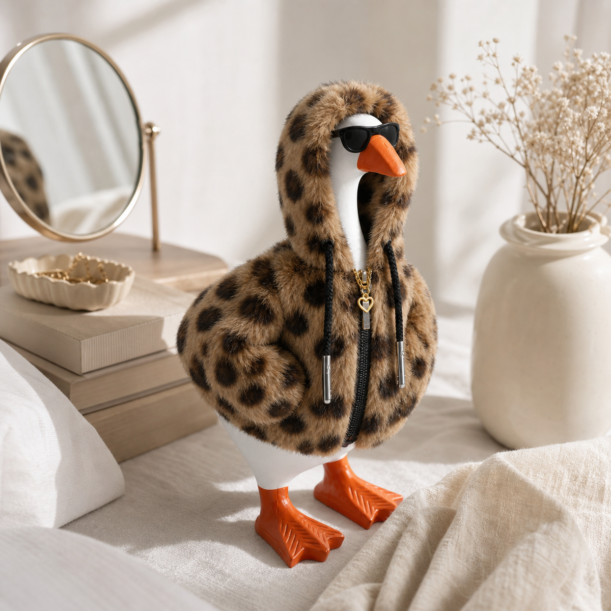 Desk Goose wearing leopard faux fur zip hoodie and black sunglasses