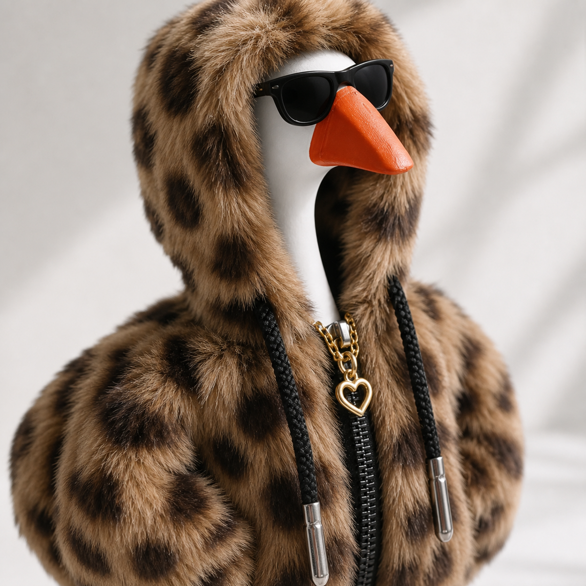 Leopard hoodie outfit displayed on Desk Goose in warm bedroom setting