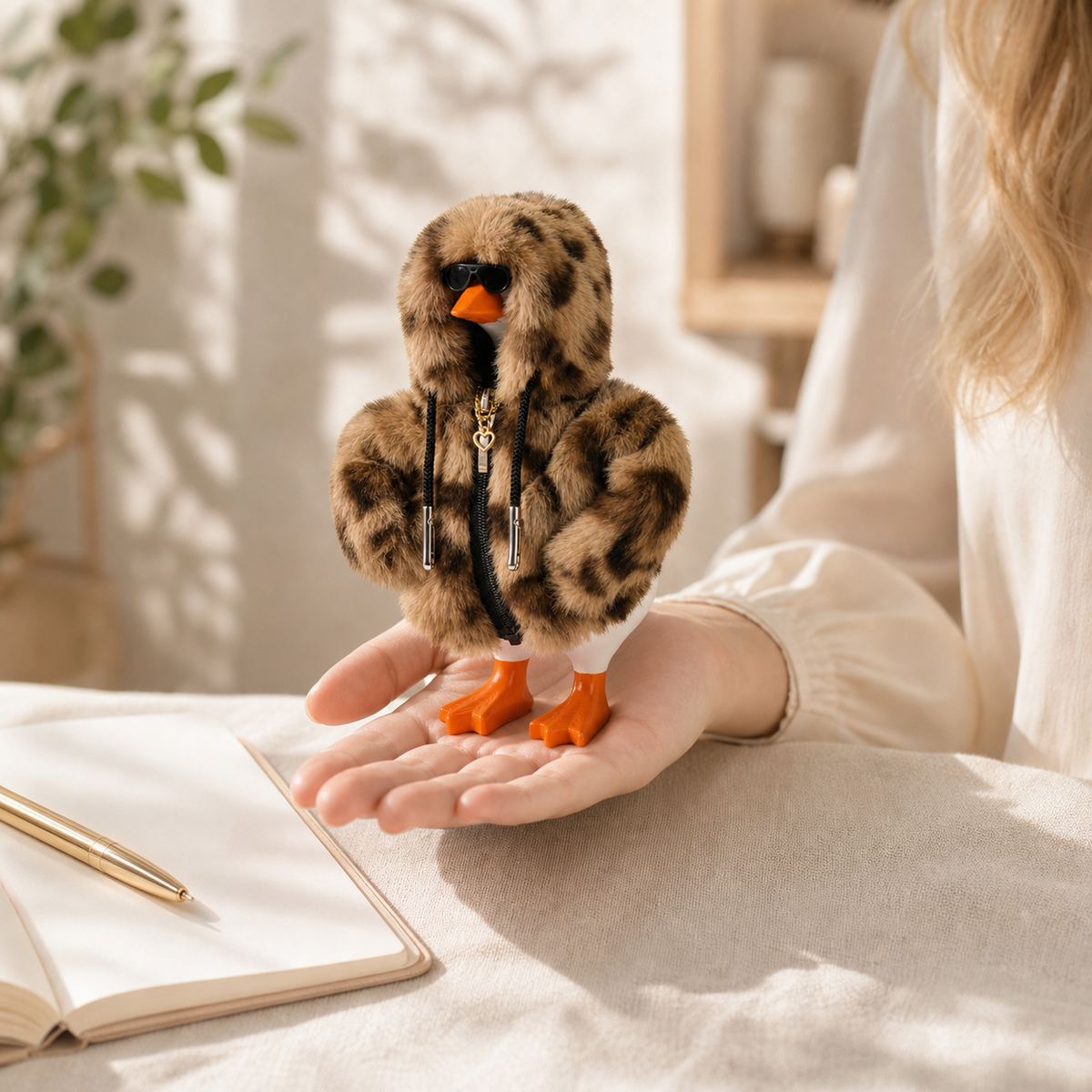 Desk Goose in leopard faux fur hoodie posed on a hand