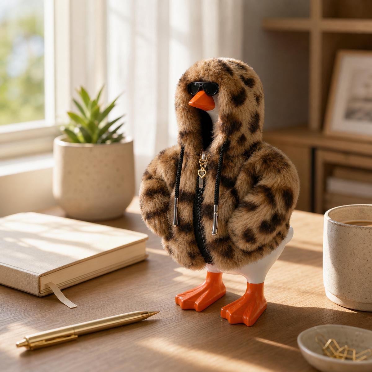 Leopard hoodie outfit for Desk Goose styled on a desk