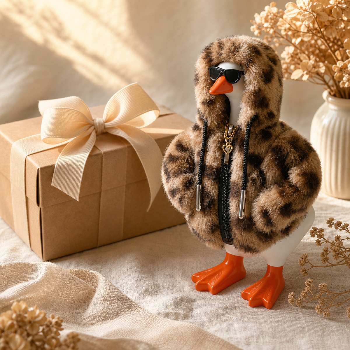 Desk Goose wearing leopard hoodie beside a gift box