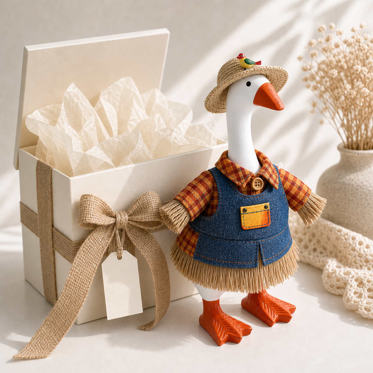 Orange gingham shirt, denim vest, straw skirt and bird hat outfit details