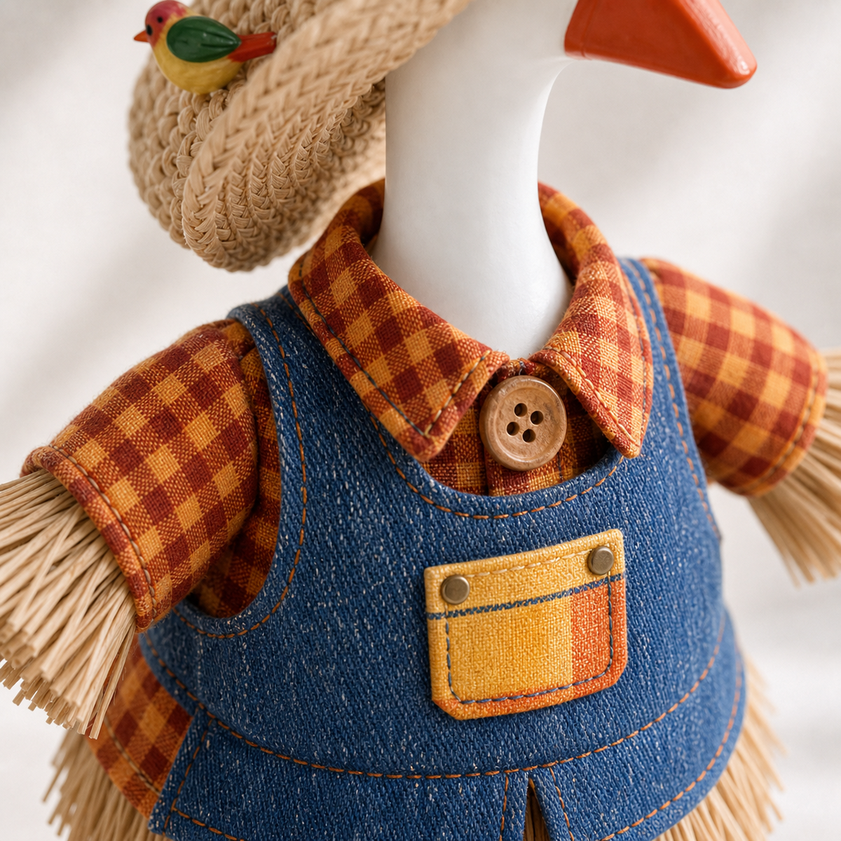 Close-up of orange gingham shirt and denim vest details