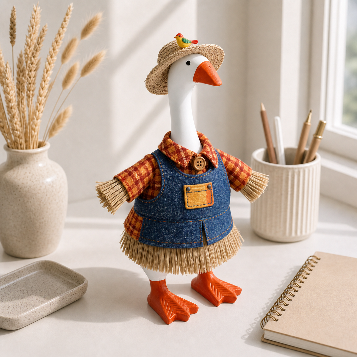 Woven straw hat with decorative bird accessory