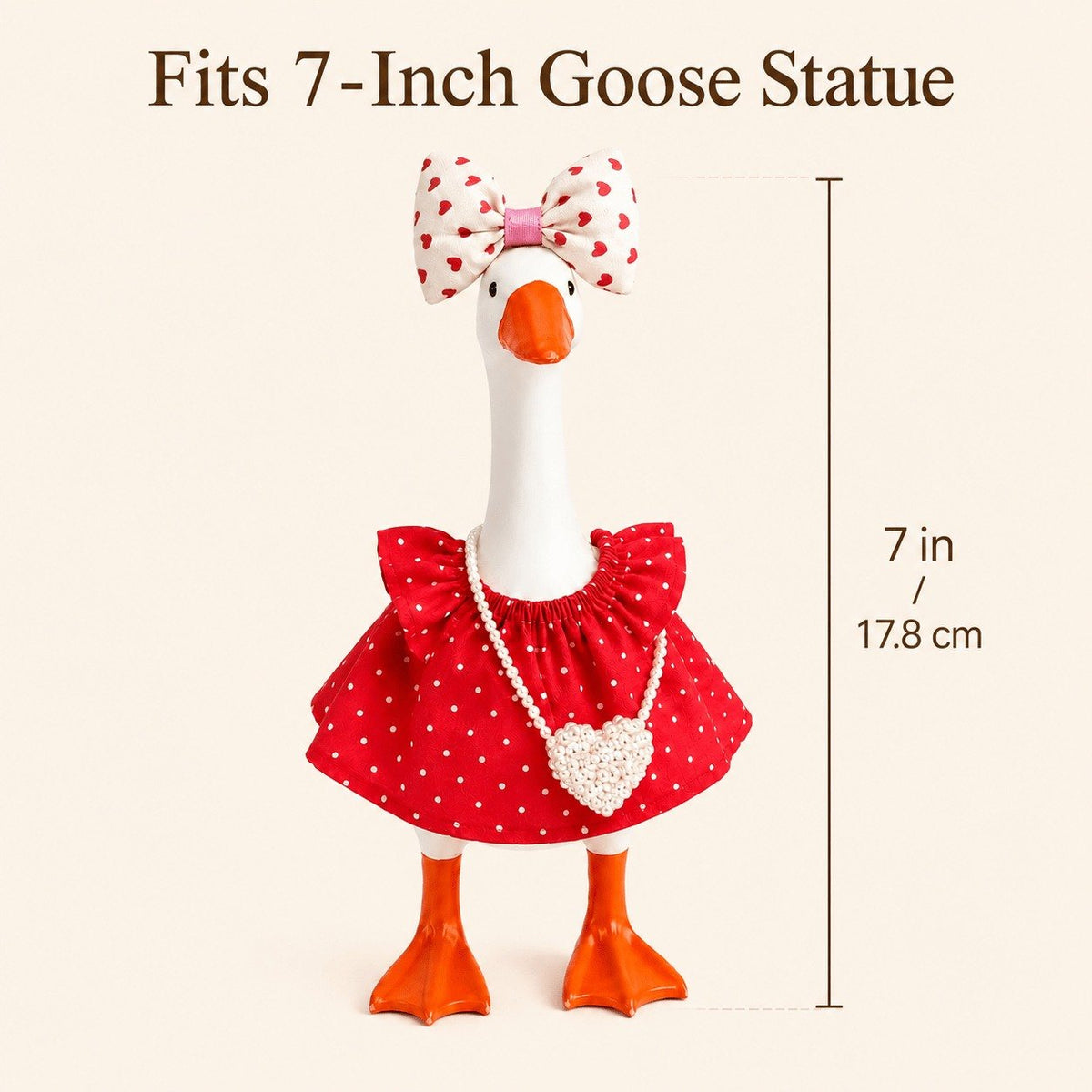 Red polka-dot dress, bow & heart bag – Little Honk desk goose outfit