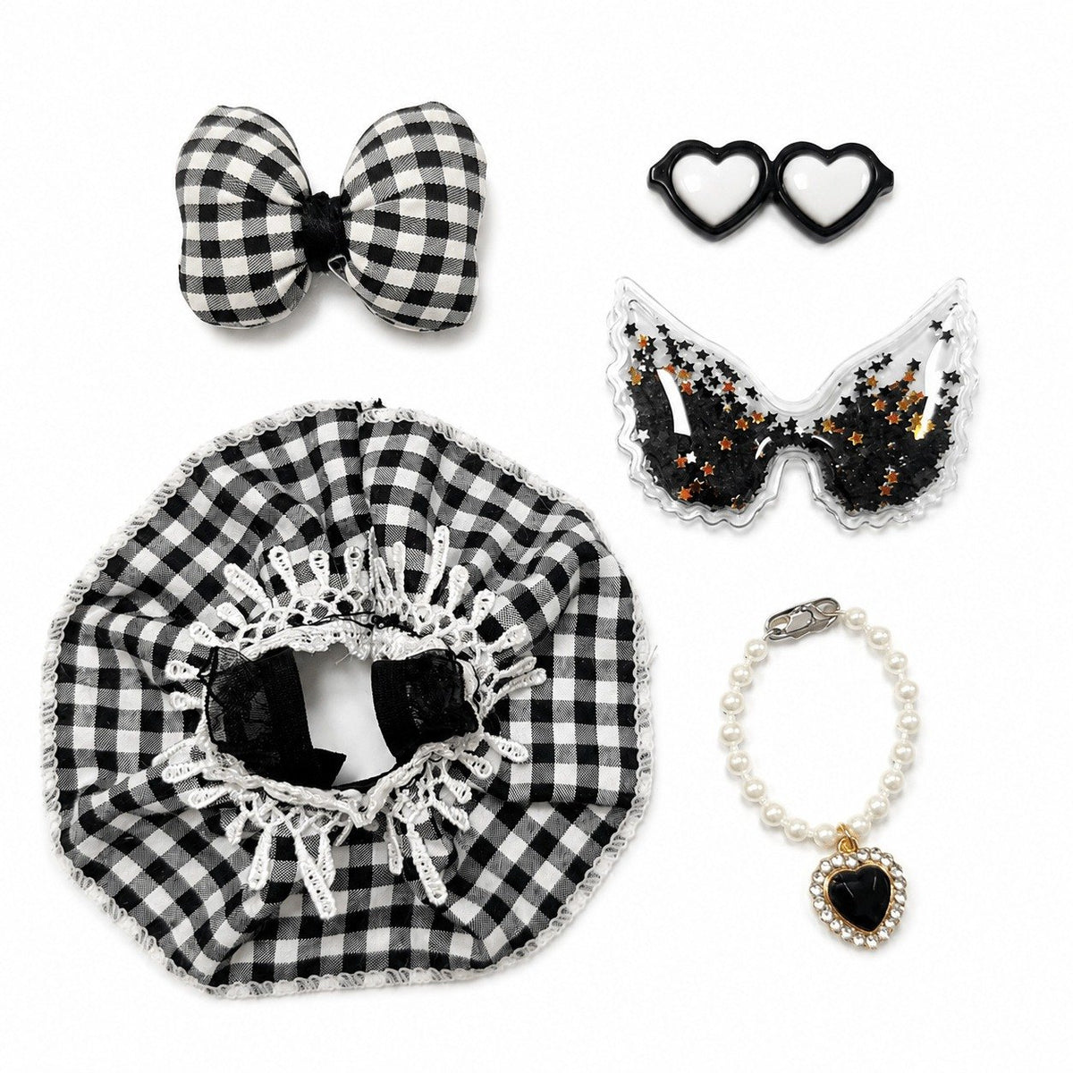 Black gingham dress, wings & heart shades – Little Honk desk goose outfit