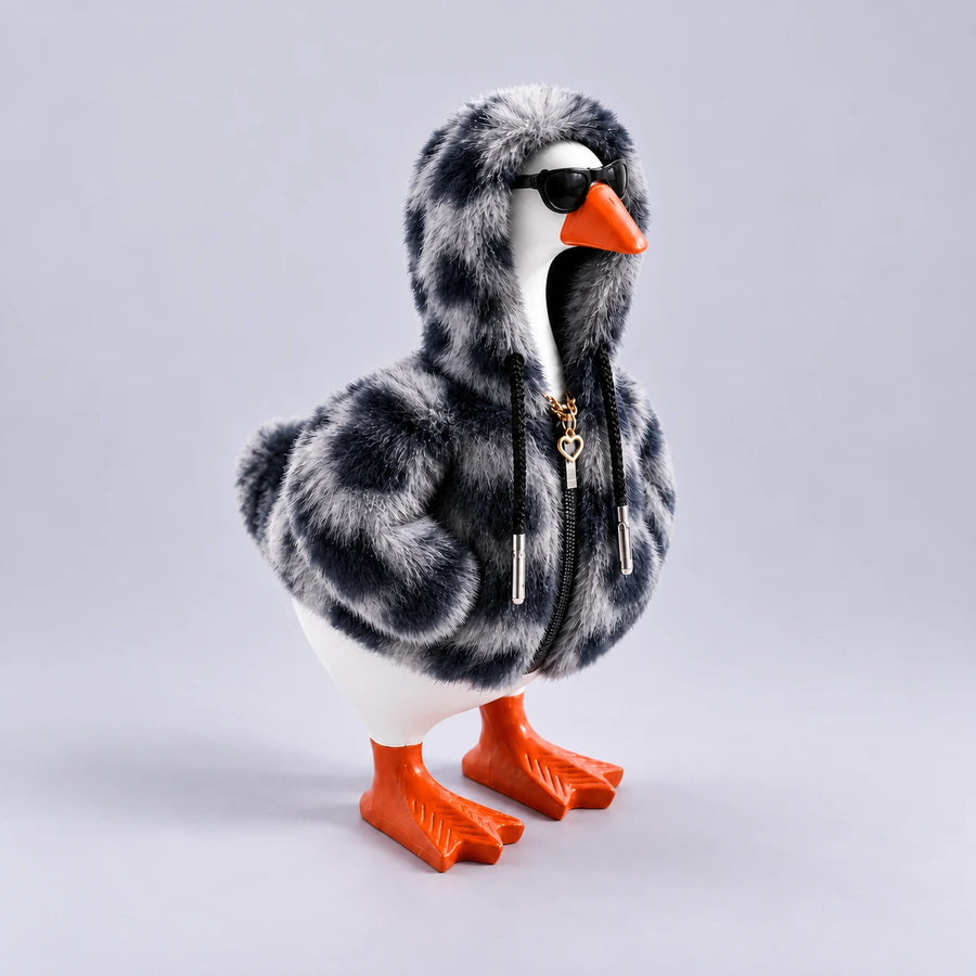 Little Honk wearing the Midnight faux-fur hoodie