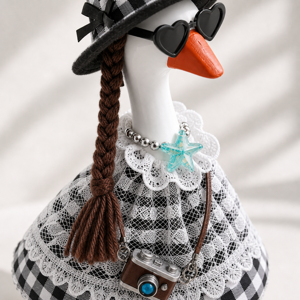 Black and white gingham lace dress and matching accessories for a 7-inch desk goose