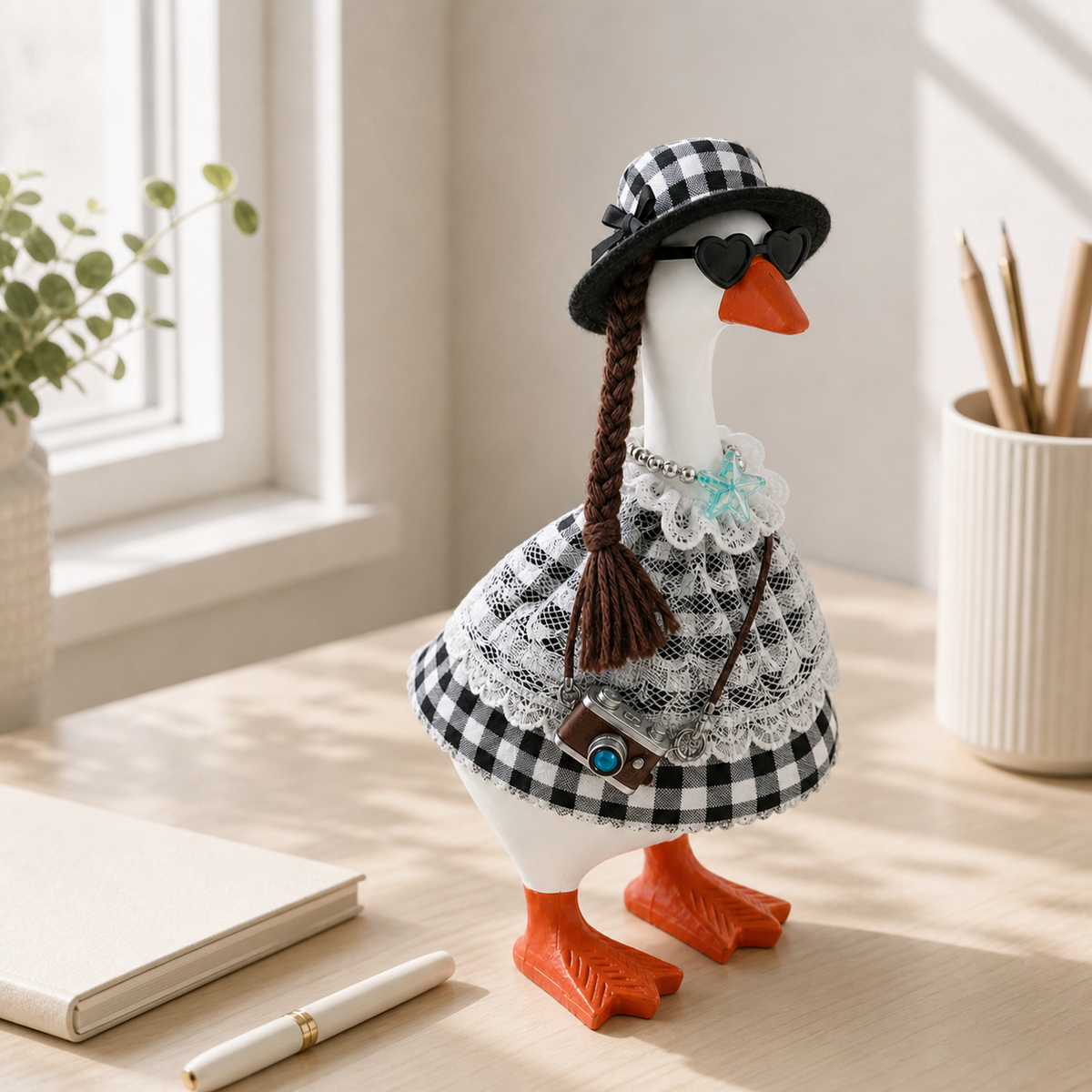 Matching gingham bow straw hat and lace outfit details for Little Honk