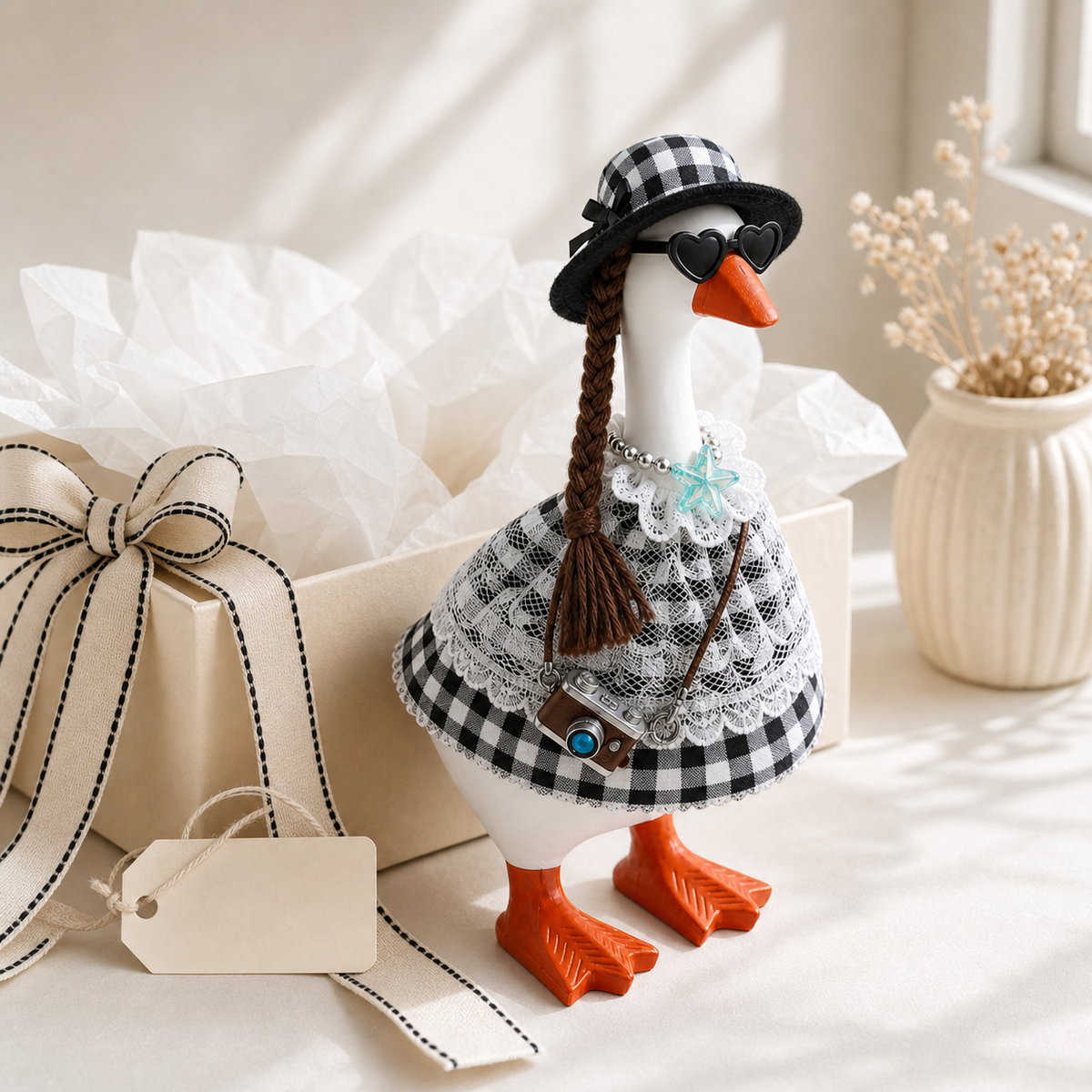 Complete Little Honk black and white gingham outfit set with hat, glasses, collar, braid, and camera bag