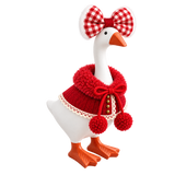 Red Christmas pom-pom cape and gingham bow outfit on a 7-inch Little Honk Desk Goose