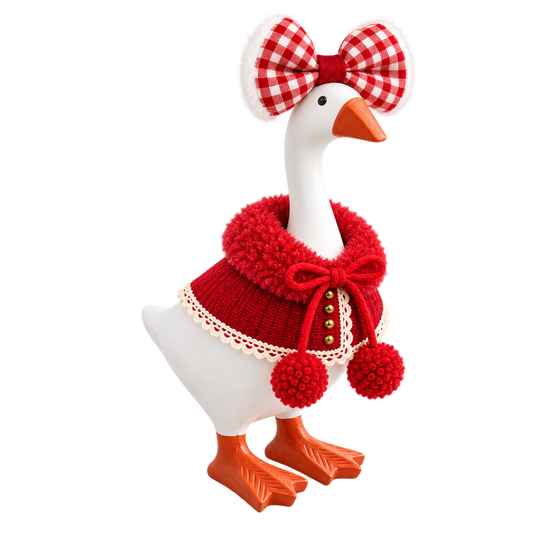 Red Christmas pom-pom cape and gingham bow outfit on a 7-inch Little Honk Desk Goose