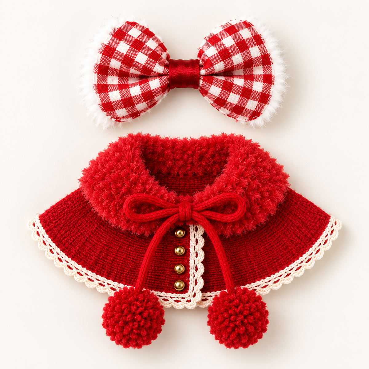 Red knit pom-pom cape and red gingham bow included in the Christmas Desk Goose outfit