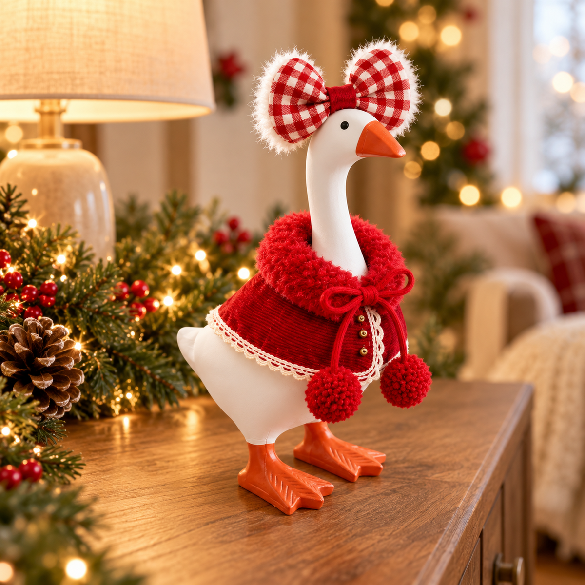 Little Honk desk goose in a red Christmas cape beside holiday greenery