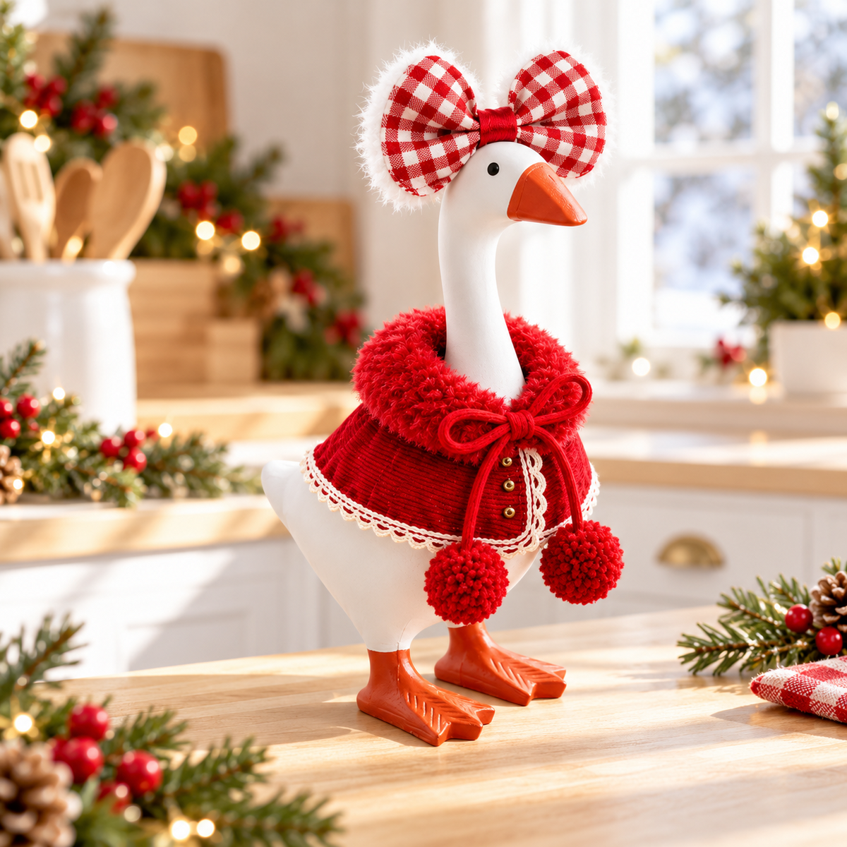 Little Honk Desk Goose wearing a red pom-pom Christmas outfit in a bright holiday kitchen