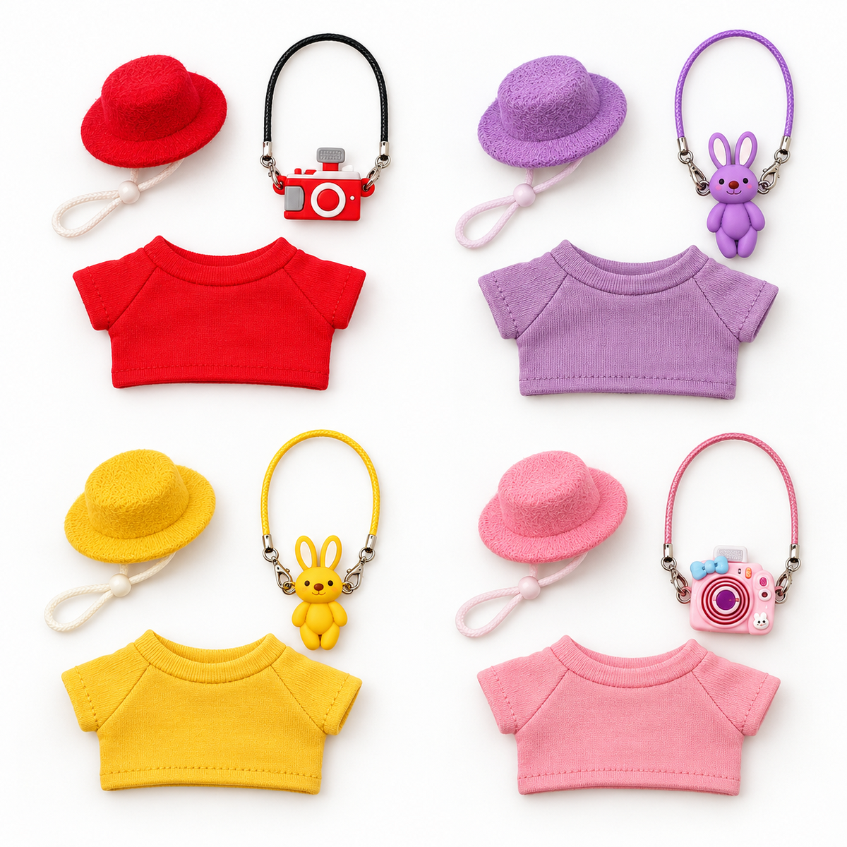 Included shirt, matching hat and decorative charm pieces in four colors