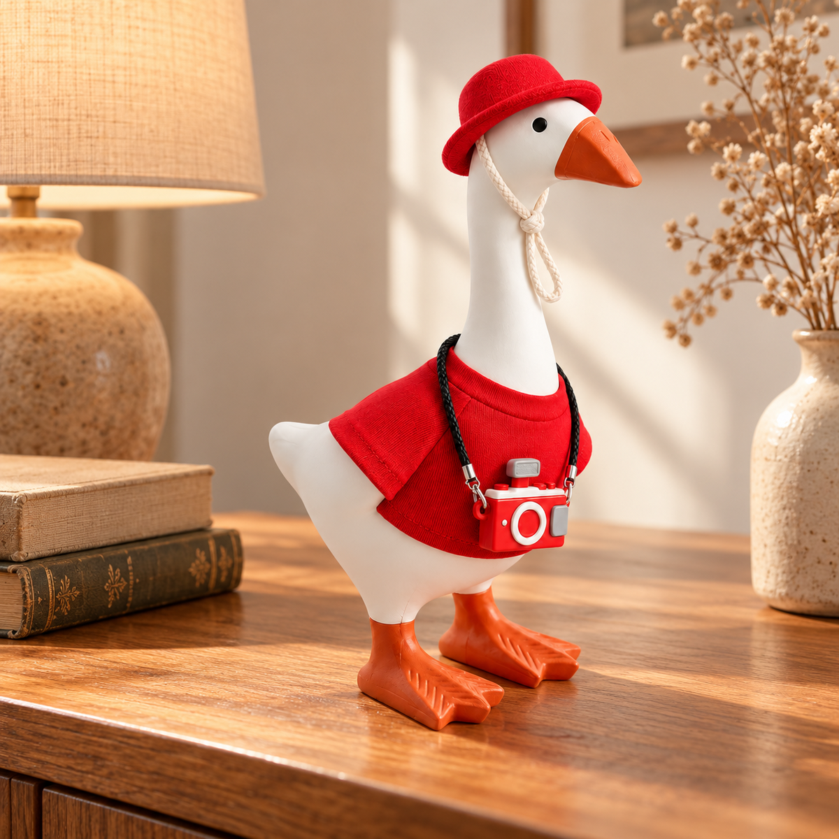 Red Color Pop Desk Goose outfit displayed in a warm home setting