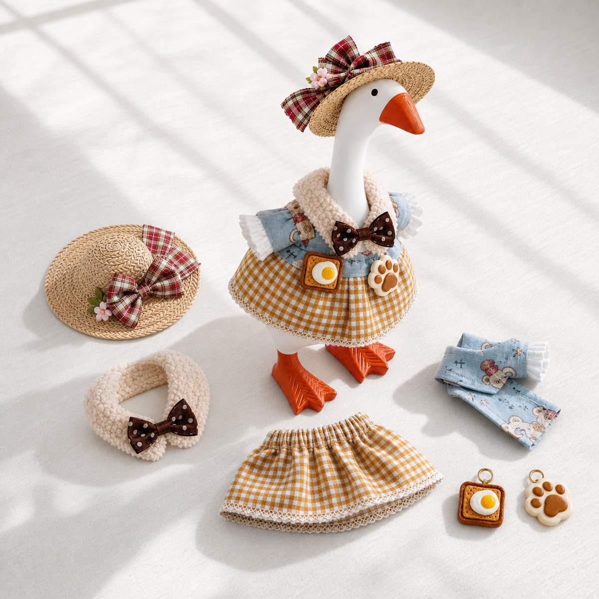 Little Honk country breakfast outfit set displayed with all included pieces for a 7-inch Desk Goose