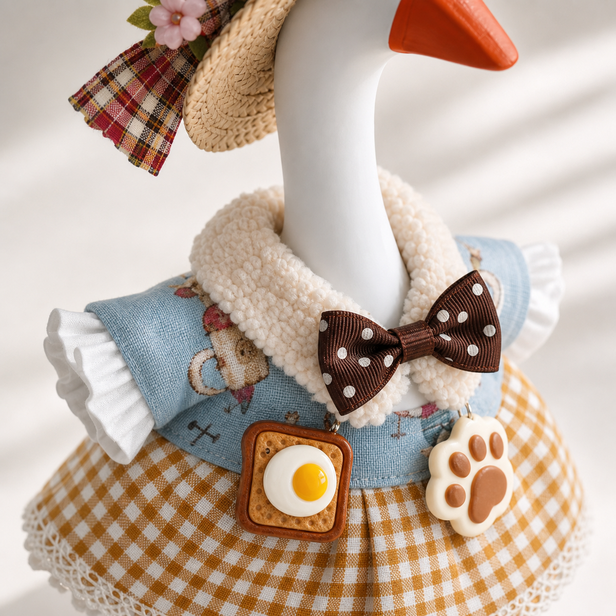 Close-up of blue bear top, plush collar, gingham skirt, and breakfast charms