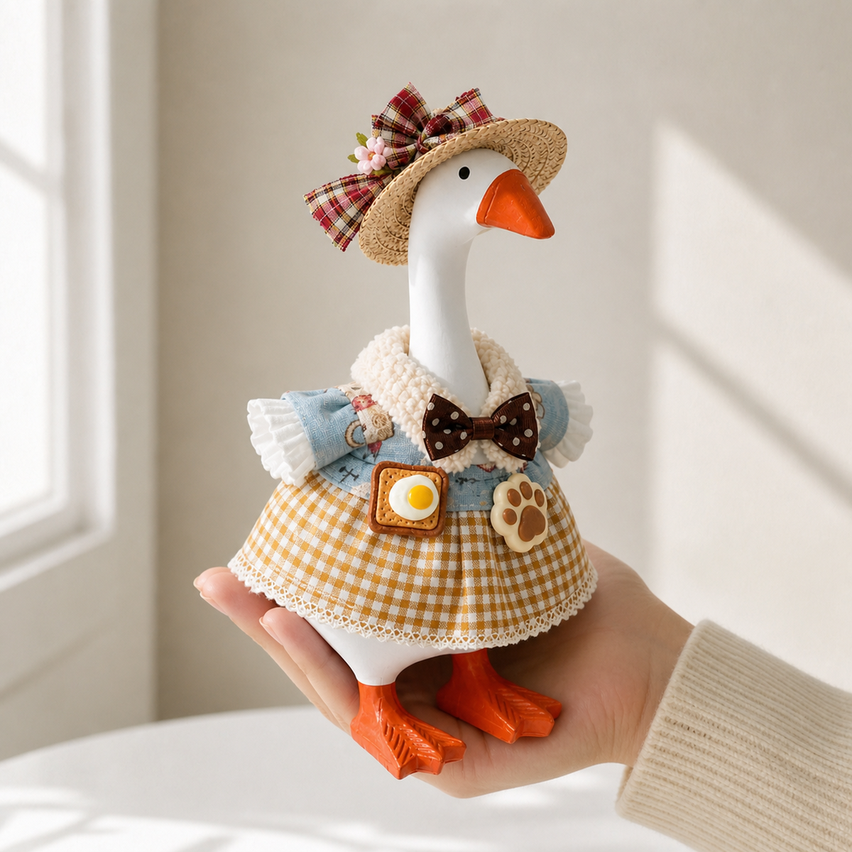 Little Honk country breakfast outfit set shown on a 7-inch Desk Goose by a window